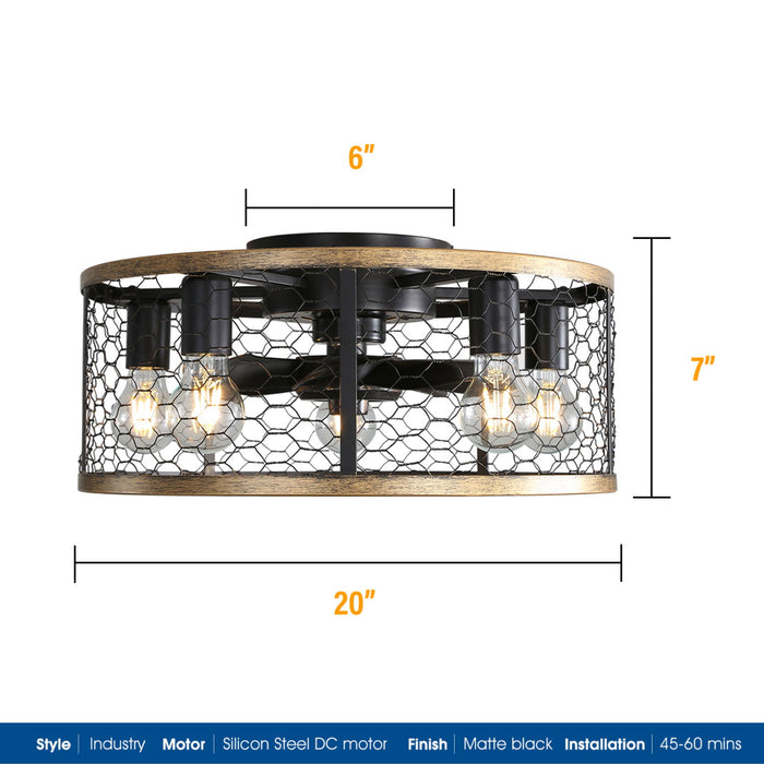 20" Industrial Caged Ceiling Fan, With 7 - ABS Blades Remote Control Reversible DC Motor, Small Flush Mount Ceiling Fan For Farmhouse - Black Daily Nest
