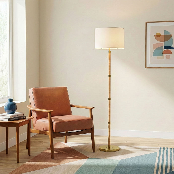 Stellar - Linen Shade Floor Lamp - Gold / Natural Wood / Rattan / White Ashcroft Furniture