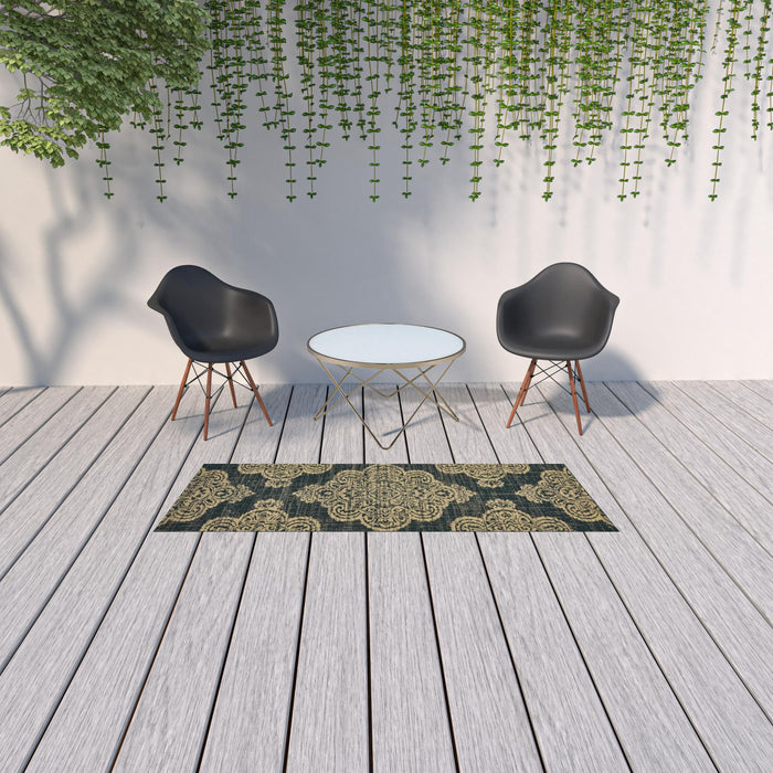 2' X 8' Oriental Stain Resistant Indoor / Outdoor Area Rug - Black / Tan