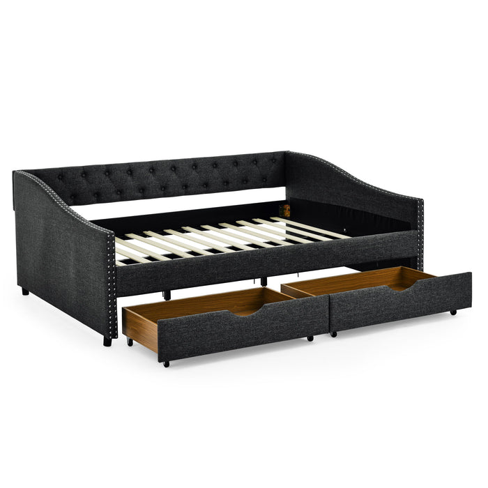 Upholstered Tufted Daybed With Drawers, Waved Arms Home Essentials