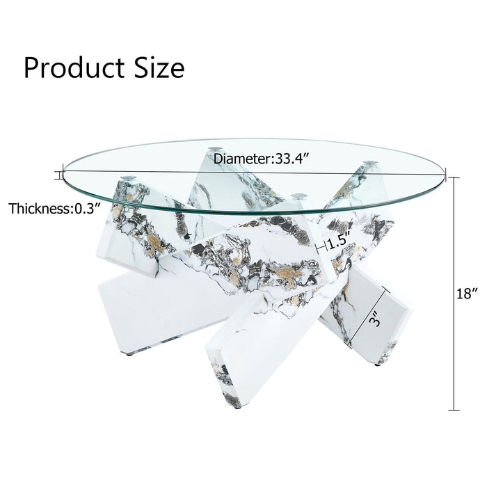 Modern Round Glass Coffee Table With Tempered Glass Countertop - White