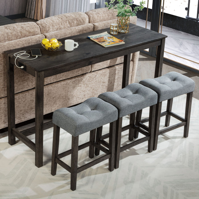 4 Piece Bar Table Set With Power Outlet, 3 Padded Stools