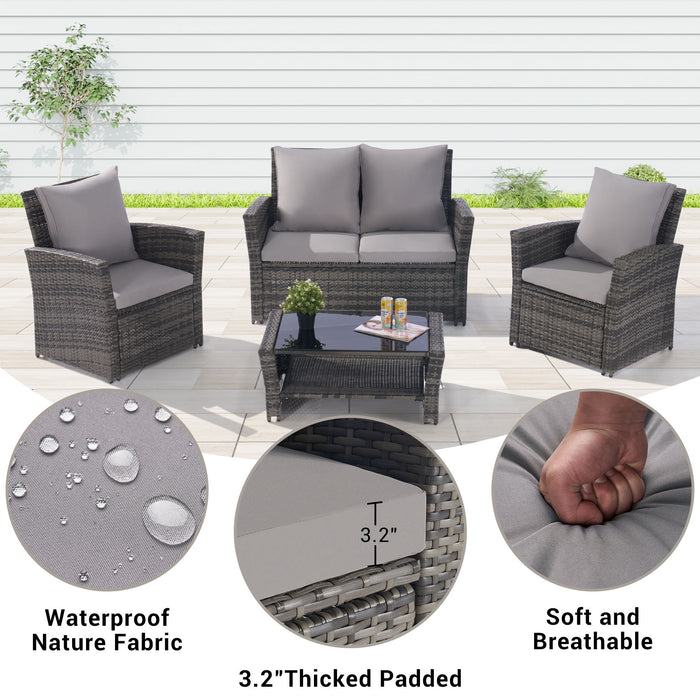 4 Pieces Outdoor Patio Furniture Sets Garden Rattan Chair Set, Poolside Lawn Chairs With Tempered Glass Coffee Table Porch Furniture - Dark Gray