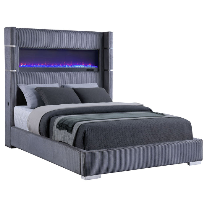 Haven - Upholstered Queen Bed With Integrated Flame Box - Gray Furniture Max