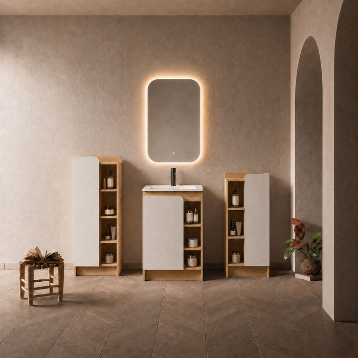24" Bathroom Vanity With Sink & Tall And Low Side Cabinets, Vanity Set With Thin Edge Sink & Interchangeable Door Panels, 3 Piece Bathroom Storage Set - Black / Light Oak / White Home Essentials