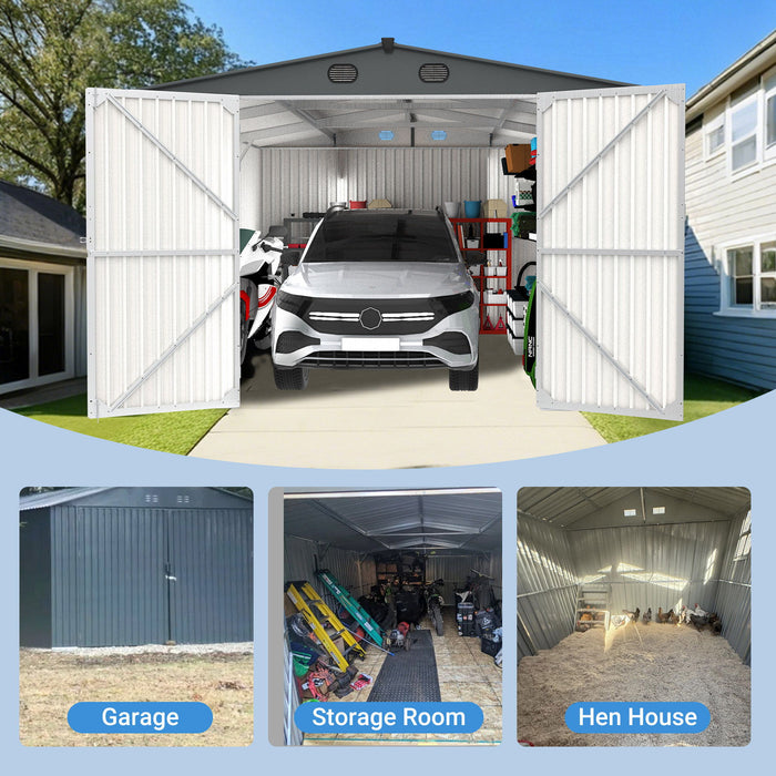 Outdoor Storage Shed, Metal Garden Shed Backyard Utility Tool House Building With 2 Doors And 4 Vents For Car, Truck, Bike, Garbage Can, Tool, Lawnmower Daily Nest