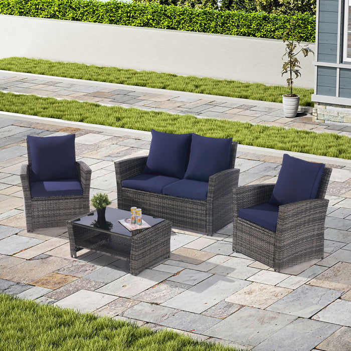 4 Pieces Outdoor Patio Furniture Sets Garden Rattan Chair Wicker Set, Poolside Lawn Chairs With Tempered Glass Coffee Table Porch Furniture, Gray Rattan / Dark Blue Color Cushion