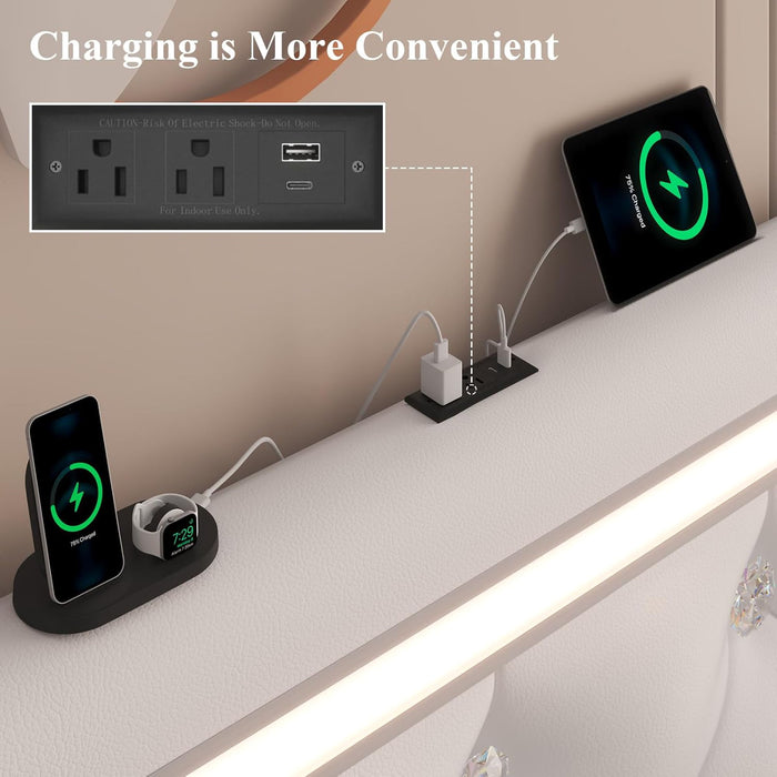 Wingback Upholstered Bed Frame With LED Lights, Charging Station Home Essentials