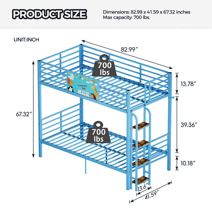 Bunk Bed, Convertible To 2 Separate Twin Size Beds With Full Length Guardrail & Ladder, No Box Spring Needed - Blue Home Essentials