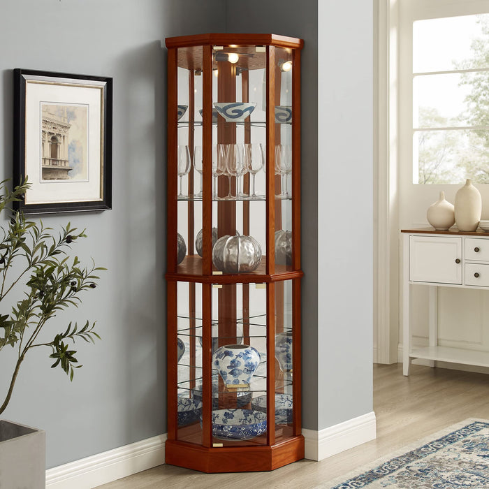 6 Shelf Lighted Corner Curio Cabinet With Adjustable Tempered Glass Shelves And Mirror Back (E26 Light Bulb Not Included)