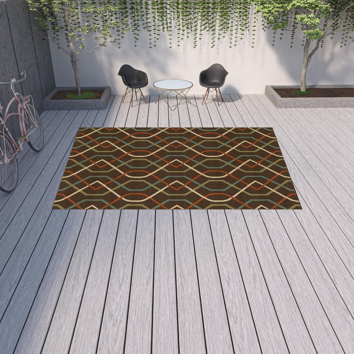 9' X 13' Geometric Stain Resistant Indoor / Outdoor Area Rug - Brown / Ivory