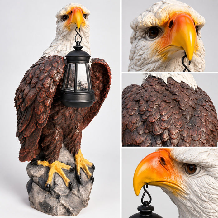 Solar Powered Bald Eagle Statue With Lantern, Outdoor Garden Decor - Black Brown Daily Nest