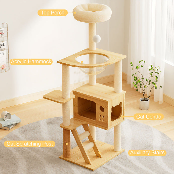Modern Cat Tower, Wood Cat Tree Tower For Indoor Cats, Cat Tree With Sisal Covered Scratching Posts And Top Perch - Natural / White Daily Nest