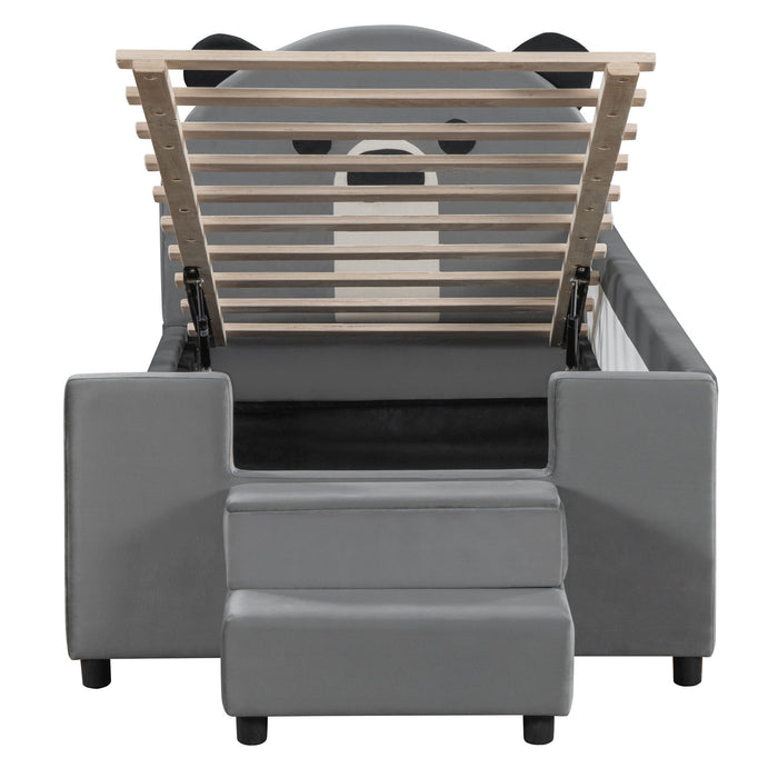 Upholstered Daybed With Bear Shaped Headboard, Hydraulic System And Breathable Fence