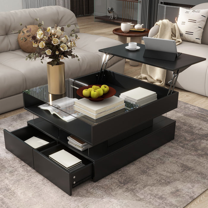 Lift Top Coffee Table With 2 Drawers, Hidden Space And LED Lights For Living Room Hearth and Haven