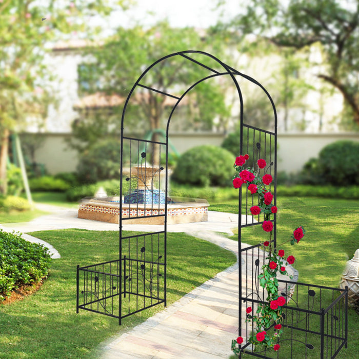 Metal Garden Arch With Two Plant Stands Wide High Climbing Plants Support Rose Arch Outdoor - Black