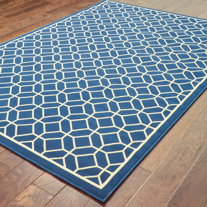 9' X 13' Geometric Stain Resistant Area Rug Indoor & Outdoor - Blue / Ivory