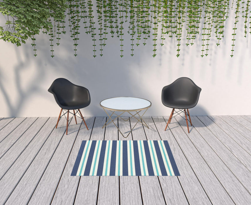 4' X 6' Geometric Stain Resistant Area Rug Outdoor & Indoor - Ivory / Blue