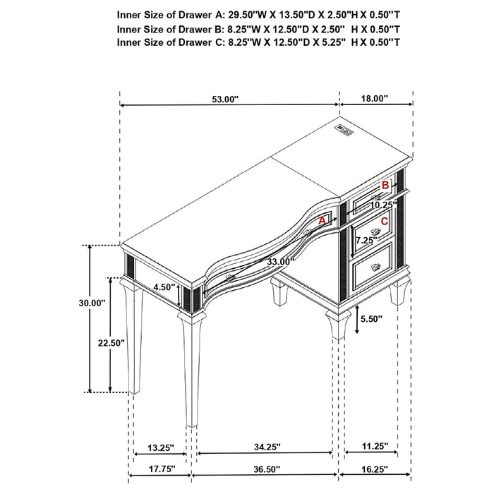 Colwood - 4 Drawer Vanity Desk With And Built In Charging - Silver Gray Furniture Max