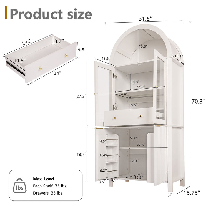 Fluted Tall Arched Pantry Cabinet With Adjustable Shelves, Glass Door & Hidden Drawer For Kitchen Home Essentials