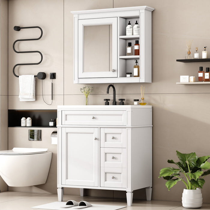 30'' Bathroom Vanity With Top Sink, Modern Bathroom Storage Cabinet With 2 Drawers And A Tip Out Drawer, Freestanding Vanity Set With Mirror Cabinet, Single Sink Bathroom Vanity - White