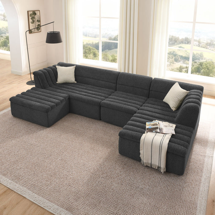 U-Shaped Modular Sectional Sofa With Chaise And Movable Ottoman With Wave-Shaped Armrest Home Essentials