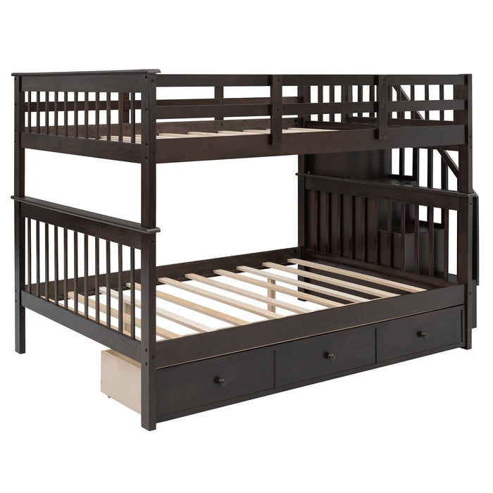 Double Full Size Stairway Bunk Bed With Drawer - Brown