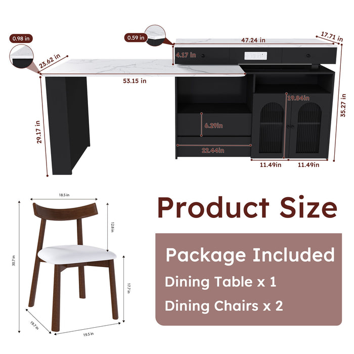 Retro Kitchen Island Set With Chairs, Extendable & Rotating Table, 4 Drawers & Door Cabinets