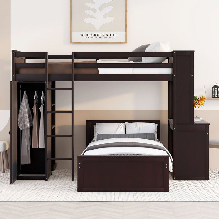 Loft Bed With A Stand Alone Bed, Shelves, Desk, And Wardrobe