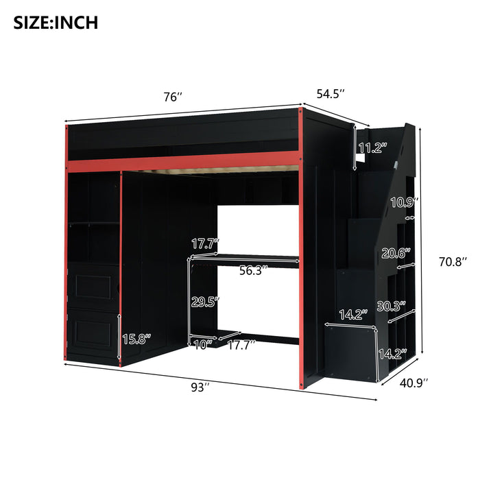 Gaming Loft Bed With Desk And Storage, LED Lights Hearth and Haven