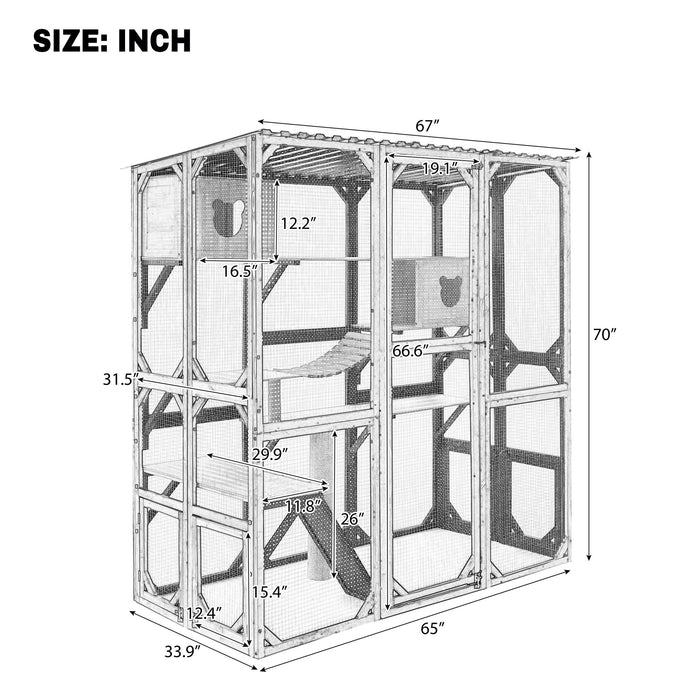 Outdoor Cat Enclosure With Sleeping Houses, Jumping Platforms, Scratching Post Hearth and Haven