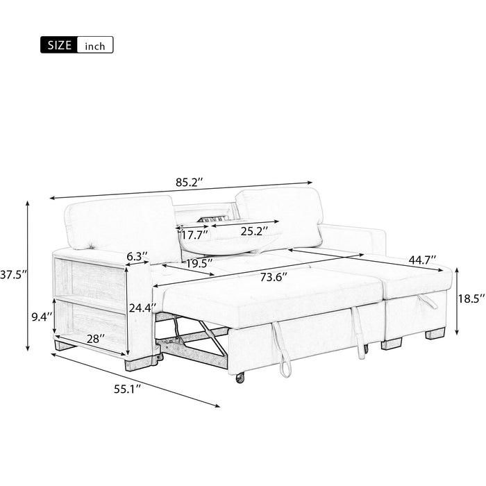 Stylish And Functional Light Chaise Lounge Sectional With Storage Rack Pull-Out Bed Drop Down Table And USB Charger