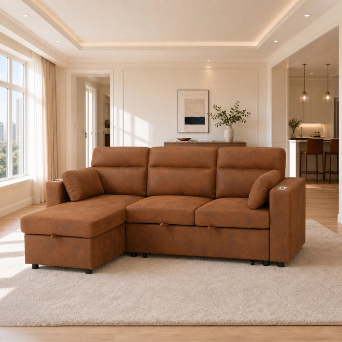 Convertible L - Shaped Sectional Sofa Bed With Storage Chaise, Cup Holders Home Essentials