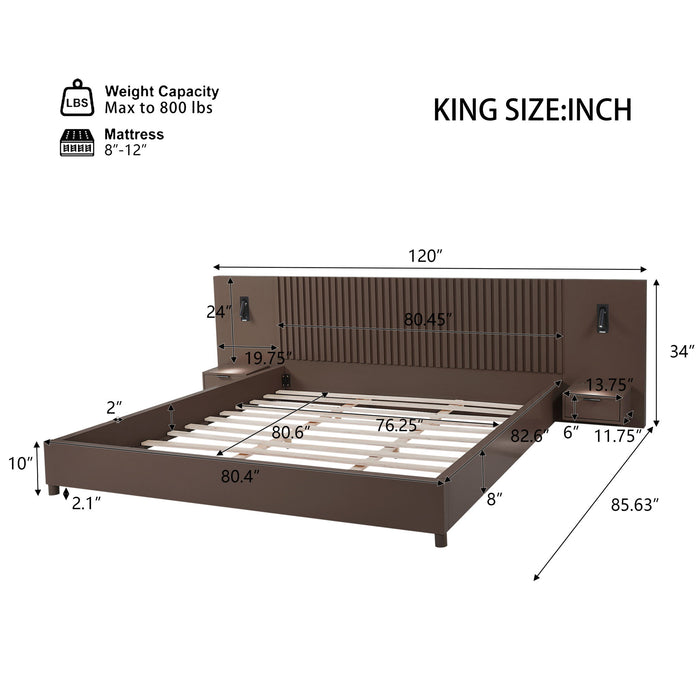 Platform Bed Frame With Built In Nightstands & Reading Lights Noble House