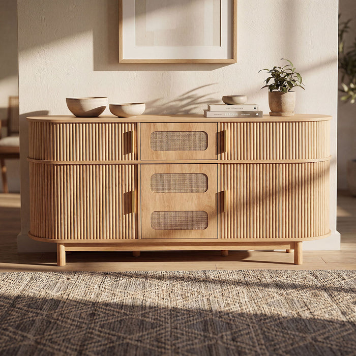 Fluted Sideboard Buffet Cabinet With Sliding Doors And Adjustable Shelves Noble House