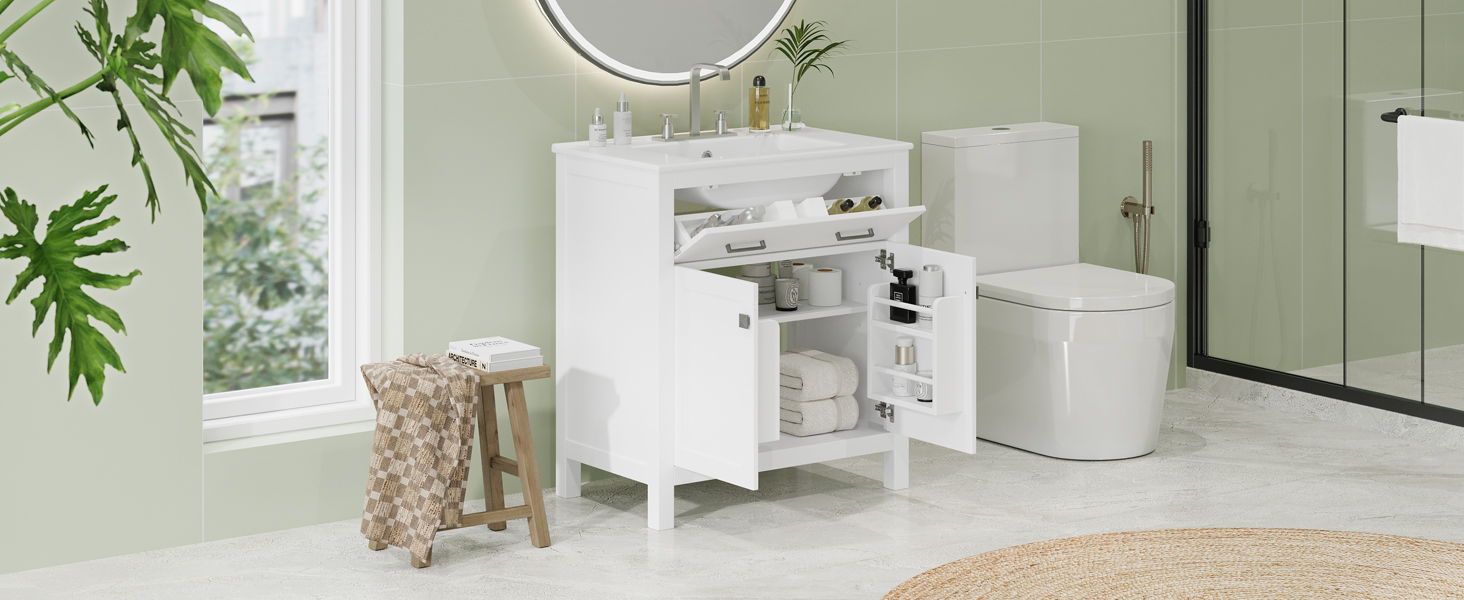 Bathroom Vanity With Ceramic Sink, Modern Single Bathroom Cabinet With 2 Doors And A Shelf, Soft Close Doors