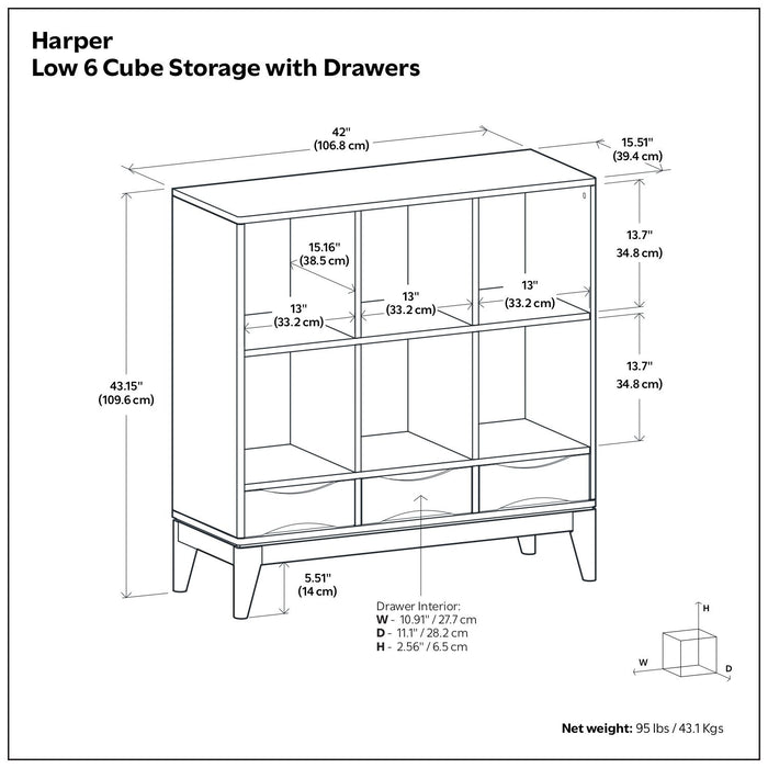 Harper - Low 6 Cube Storage With Drawers - Walnut Brown Simpli-Home