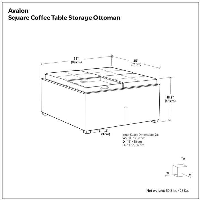 Avalon - Square Coffee Table, Storage Ottoman Simpli-Home