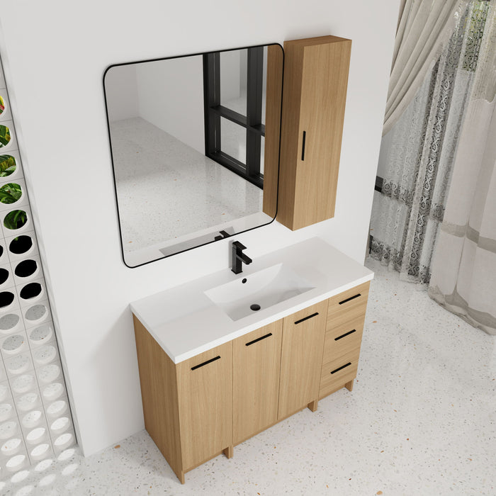 Freestanding Bathroom Vanity Set With Tall Side Cabinet, 3 Drawers And 3 Door Cabinet, Integrated Sink, Large Storage - Glossy White / Light Oak Home Essentials