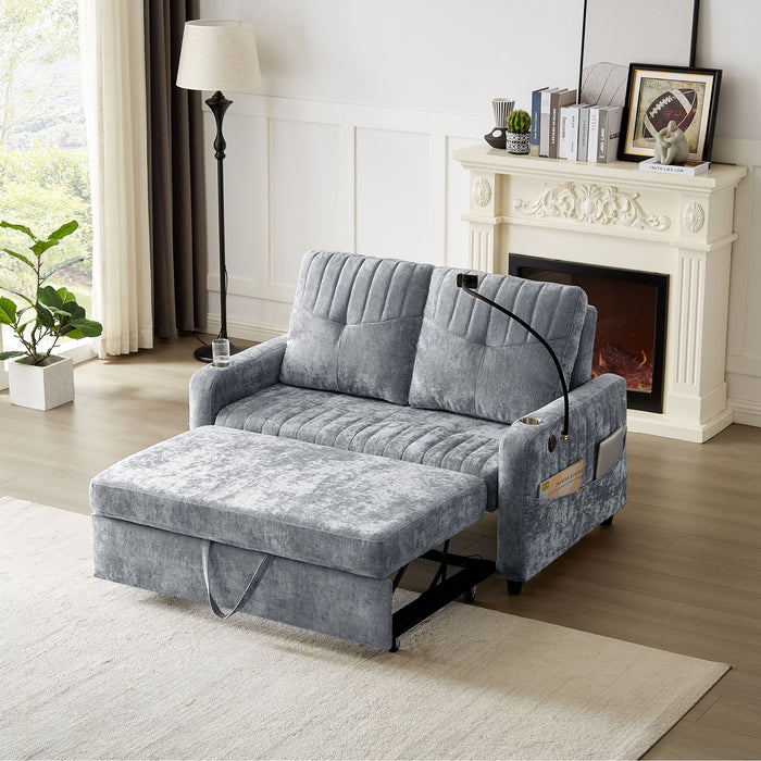 Modern Loveseat Pull Out Sofa Bed With Adjustable Backrest, Two Cup Holders, A Phone Holder, Three Charging Ports And Side Storage Pockets For Living Room