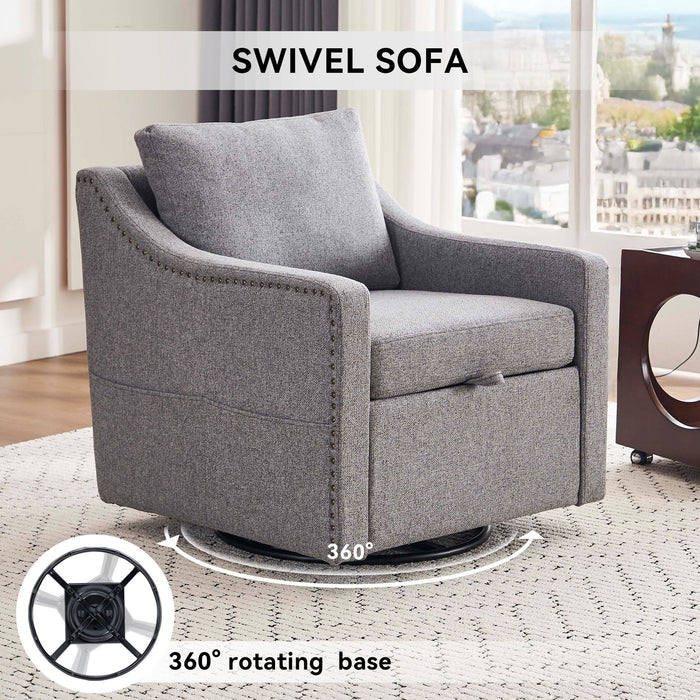 Linen Fabric 360° Swivel Accent Chair With Upholstered Back Pillow And Rivet Armrest
