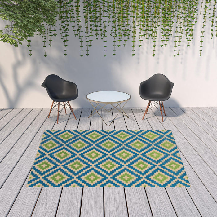 7' X 10' Geometric Stain Resistant Indoor / Outdoor Area Rug - Blue / Beige