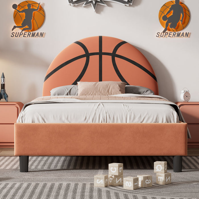 Basketball Design Upholstered Twin Platform Bed Sport Style Bed For Boys & Girls, Teens - Orange