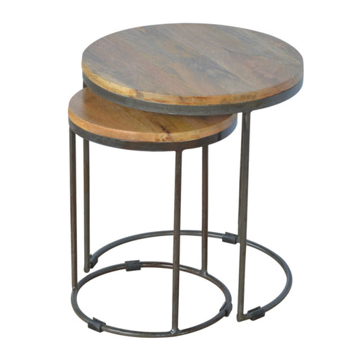 Round Stool Table With Iron Base (Set of 2) - Brown / Black Artisan Furniture