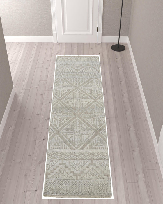 Geometric Hand Knotted Runner Rug - Ivory Tan And Gray - 10'