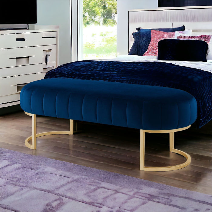 Upholstered Velvet Bench - Navy Blue / Gold