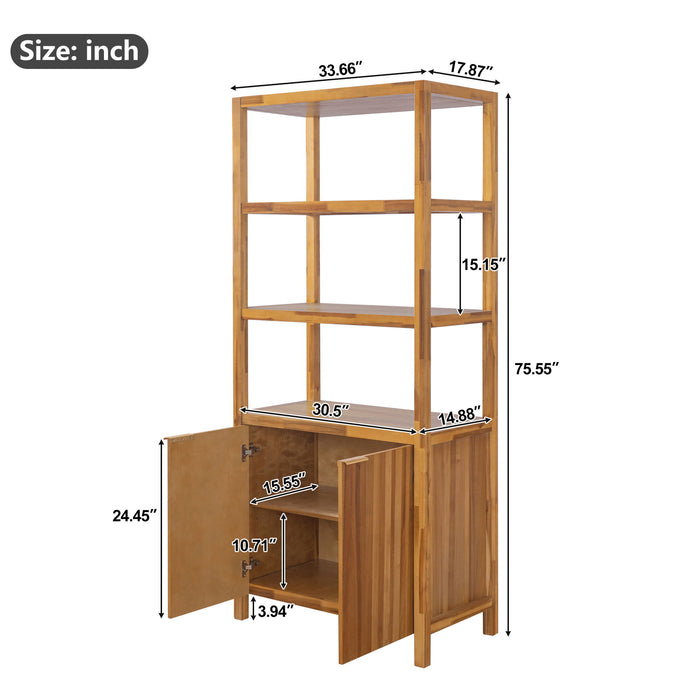 Tall Storage Bookcase Cabinet With 2 Open Shelves & Double Doors, Freestanding Shelving Unit - Natural Noble House
