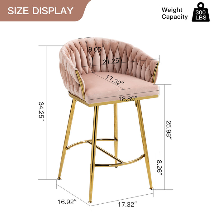 Counter Height Bar Stools Kitchen Island Counter Bar Stool With Hand - Wave Back, Golden Chromed Base And Footrest (Set of 2) - Pink