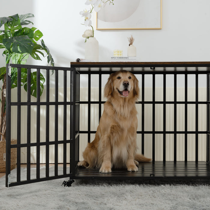 42" Heavy Duty Dog Crate For Large Medium Dogs, Furniture Style Cage With 4 Lockable Wheels And 2 Locks, Decorative Pet House Wooden Cage Kennel Furniture Indoor