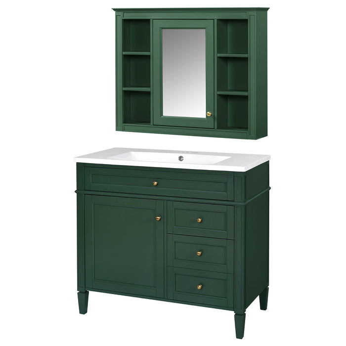 Bathroom Vanity With Top Sink, Storage Cabinet With Mirror, 2 Doors, 3 Drawers, 6 Open Shelves